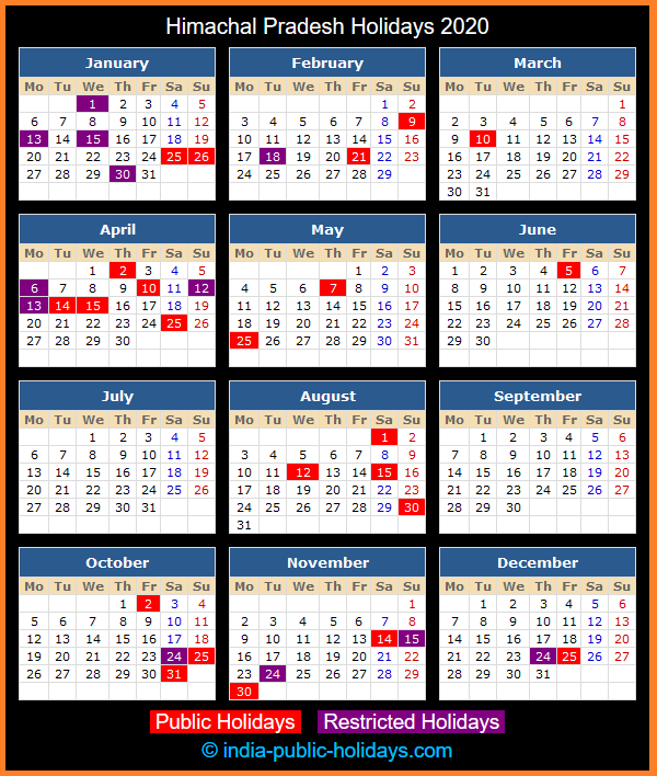 Himachal Pradesh Holiday Calendar 2020